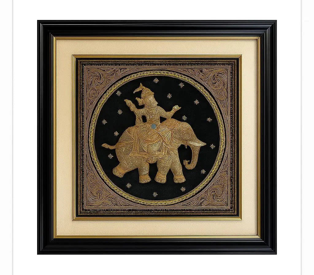 FRAMED TAPESTRY Detailed elephant procession scene. Ornate gold frame. Approx. 36" x 48"